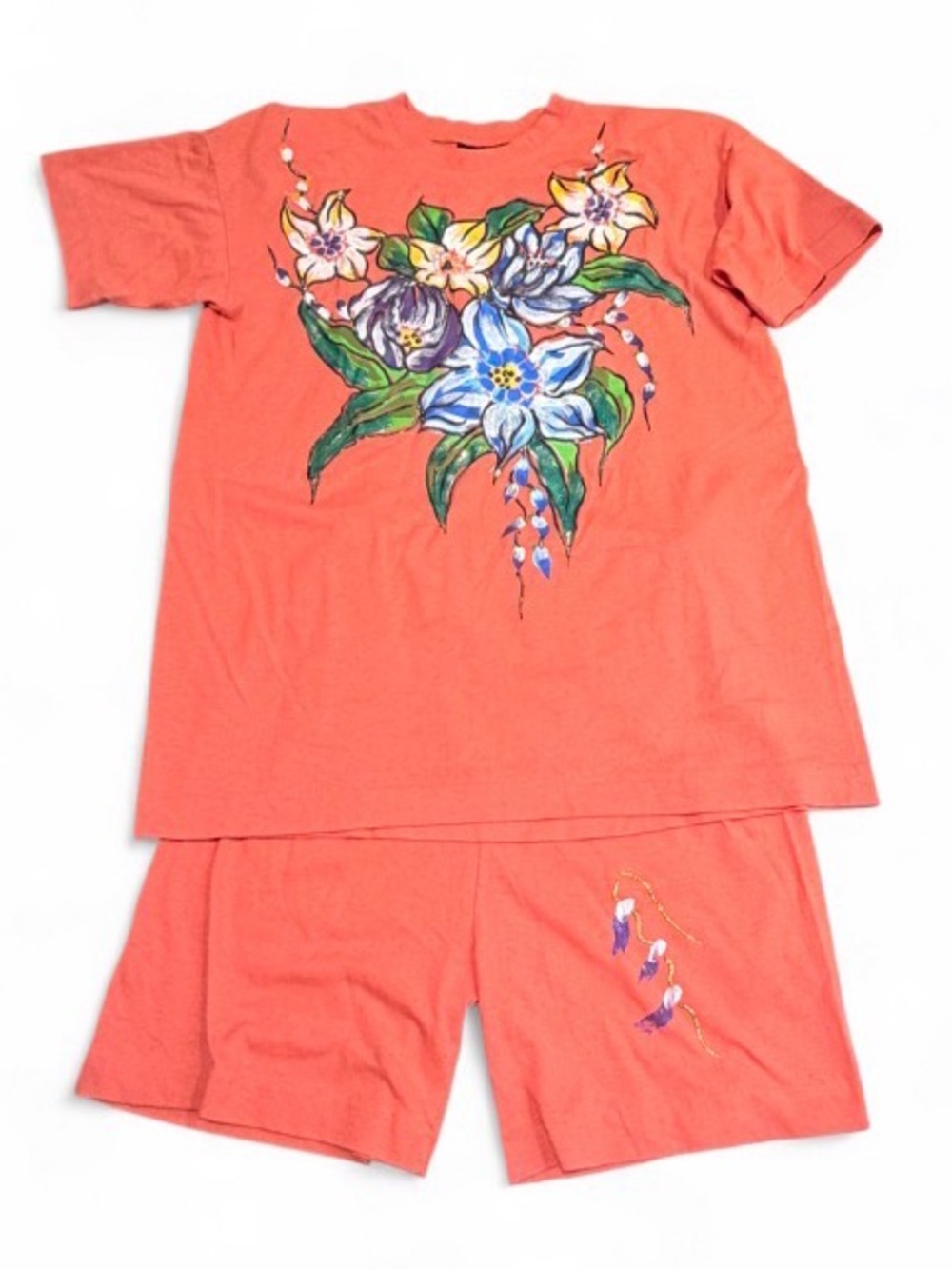 Vtg 80s LA Fancy Puff Paint Floral Shorts Set Peach OS Co-ord Retro Kidcore